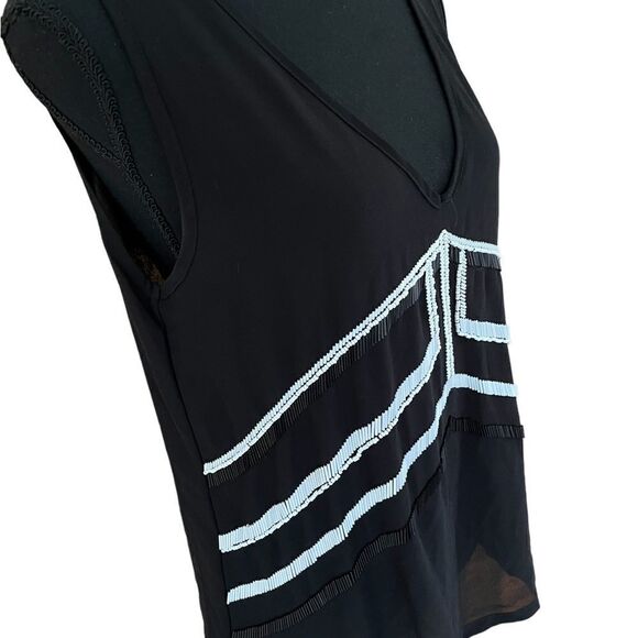 𝅺Blue Rain beaded black semi sheer v neck top size M - Picture 2 of 8